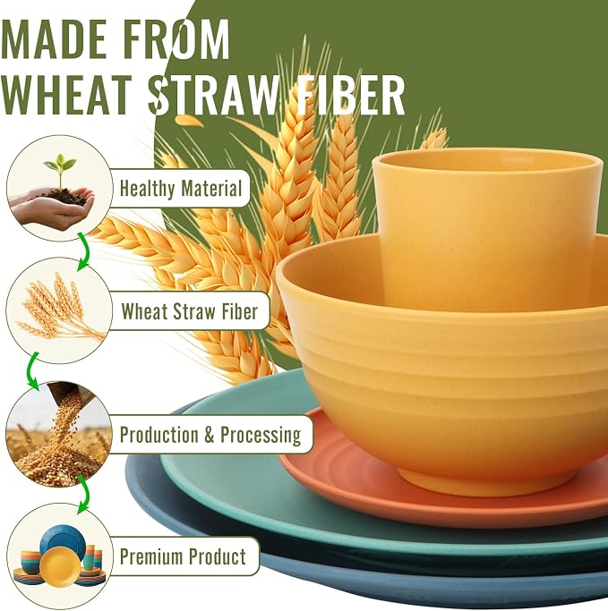 Wheat Straw Dinnerware Set 40 PCS - Service for 8 | Plates and Bowls Sets | Unbreakable Dishes Set - Dinner Plates, Dessert Plate, Cereal Bowls, Drinking Glasses, Dishwasher Safe - Multi