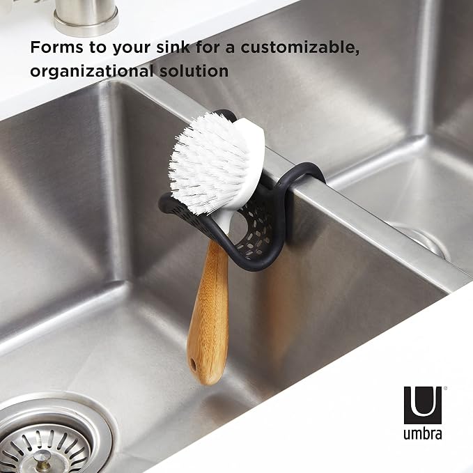 Umbra Sling Flexible Sink Caddy, Elastic Non-Slip Sponge Holder, Black | Rubber material, perforated base for drainage, prevents moisture buildup, fits faucet necks, easy rinse clean