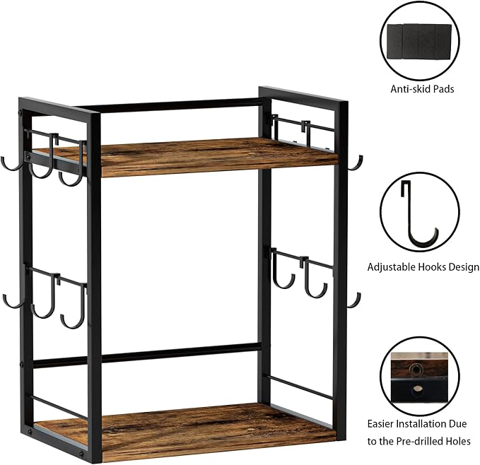 Dorhors Coffee Bar Organizer,Mug Holder,Station Organizer Kitchen Counter | 2 Tier Rustic Brown Wood Coffee Bar Accessories with 12 Hooks,Countertop Shelf for Mug,Syrup and Accessories