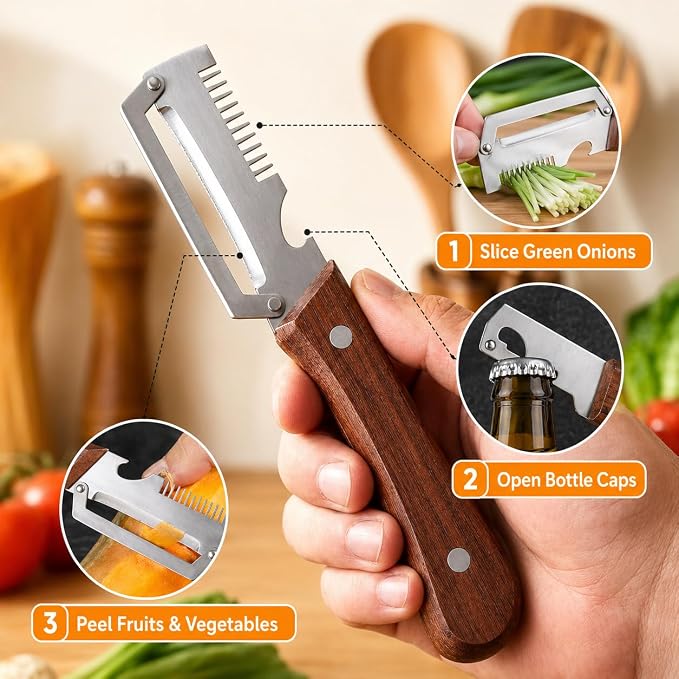 2 Pack Multifunctional Vegetable Peeler, 3 in 1 Kitchen Vegetable Peeler with Wooden Handle, Grater & Bottle Opener & Peelers for Kitchen for Potato, Carrot, Apple, Fruit & Vegetable