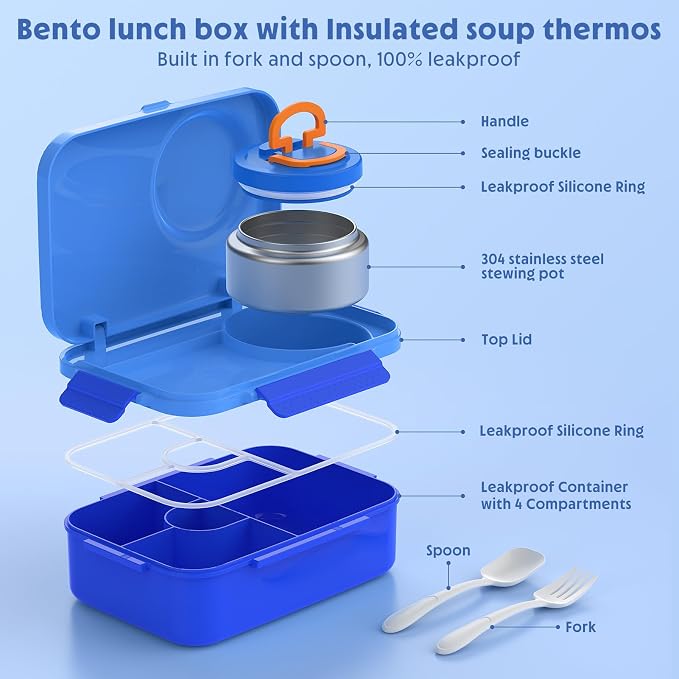 Upgraded Kids Lunch Box with Thermo for Hot Food 1400ml Child Bento Box for Kids with 5oz Small Thermo for Boys Girls with Fork Spoon Leakproof for Dining Out School Work Picnic-Blue