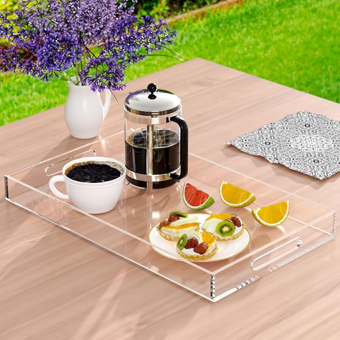 NIUBEE Acrylic Serving Tray 12x20 Inches -Spill Proof- Clear Decorative Tray Organiser for Ottoman Coffee Table Countertop with Handles | Spill-Proof tray for Coffee Table, Ottoman | Decorative Tray for Breakfast in Bed, Drink Serving & Home Organization