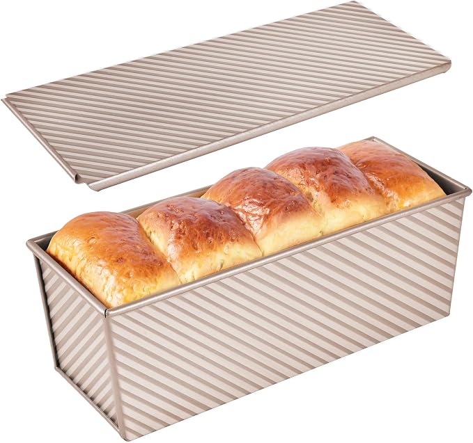 Commercial Pullman Loaf Pan with Lid, 2.2Lb Dough Capacity Non-Stick Rectangle Corrugated Bread Toast Mold with Cover for Baking Bread (Champagne Gold)