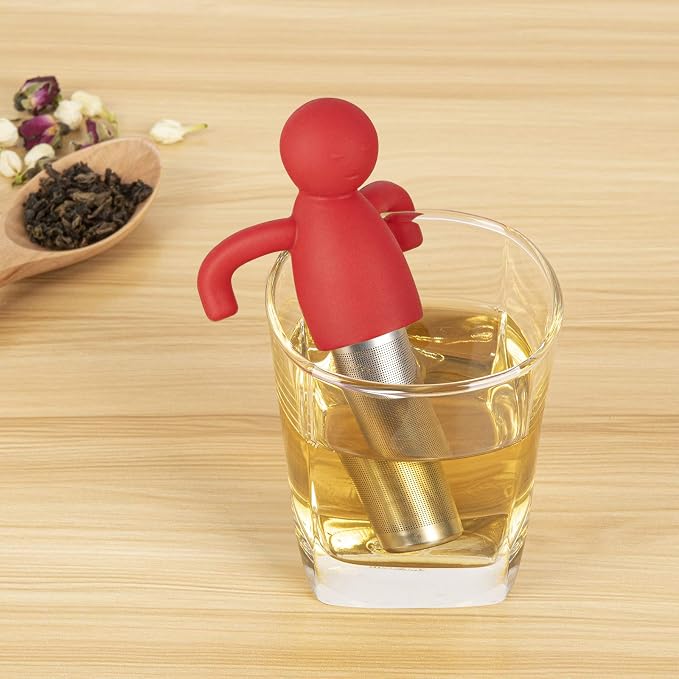 Leden Cute Tea Infuser for Loose Leaf Tea, Extra Fine Mesh Tea Steeper Red | Stainless Steel Fun Person-shaped Design Tea Strainer Filter with Silicone Handle for Loose Tea Ball for Cup Mug