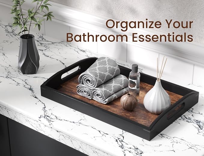 Wooden Set of 2 Serving Trays with Handles Decorative Tray | 2 Pack, Decorative Trays, for Coffee Table, Kitchen Counter, Breakfast, Party
