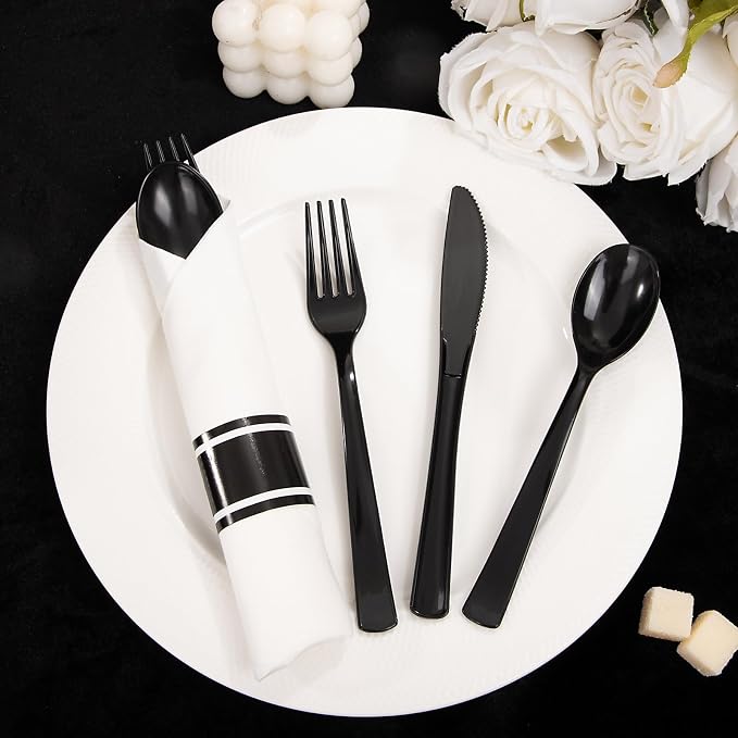 120pack Pre Rolled Black Plastic Silverware Set Disposable | Heavy Duty Disposable Wrapped Black Plastic Cutlery Utensils Set for Catering, Parties, Wedding, Birthday& Special Events