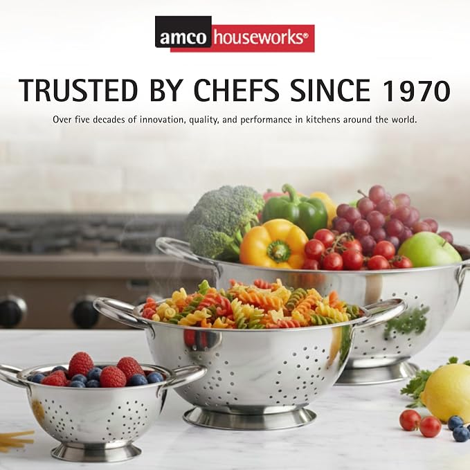 Amco 3-Piece Stainless Steel Colander Set, 1.5 Qt, 3 Qt & 5 Qt - Silver | Durable Strainers with Easy-Grip Handles for Pasta, Fruits, Vegetables & Salad, Fast Draining, Stackable, Dishwasher Safe