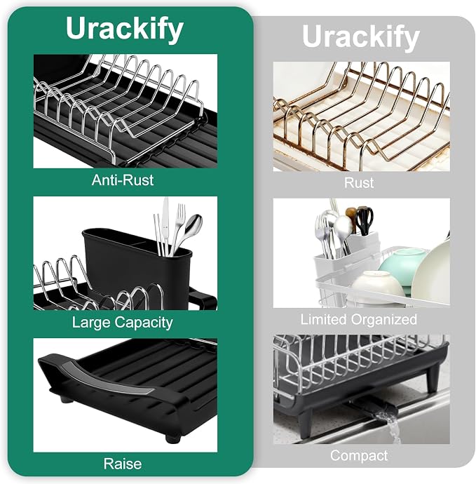 Compact Stainless Steel Dish Drying Rack | Rust-Resistant Drainer for Kitchen and Apartment Countertops/Sink Cabinets, Adjustable 11.42 to 19.9 Inches (Black)