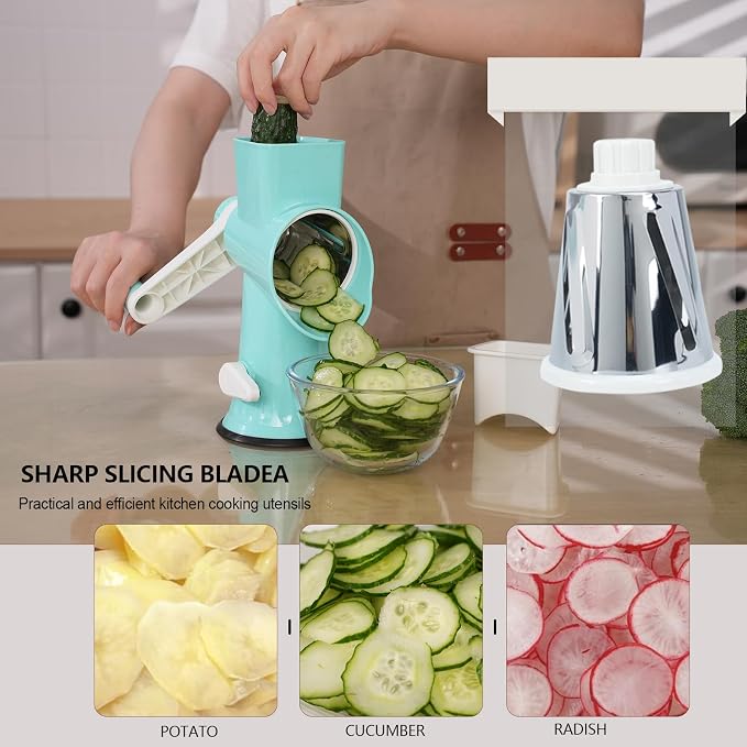 Rotary Cheese Grater with Handle-Versatile Cheese Grater | Non Slip Suction Base,Cheese Shredder&Food Slicer for Cheese,Carrots,Cucumbers,Nuts Compact&Easy Clean Kitchen Kitchen Tool