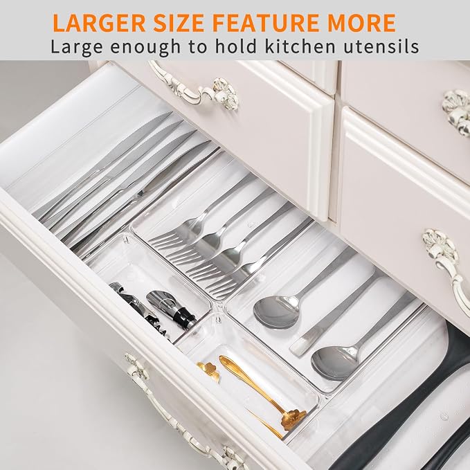 21 Pack Large Clear Plastic Drawer Organizer Trays | BPA-Free Acrylic Organizer Bins for Large Kitchen Utensils, Bathroom, Makeup, Jewelries, Office Desk, School Supplies, Perfume