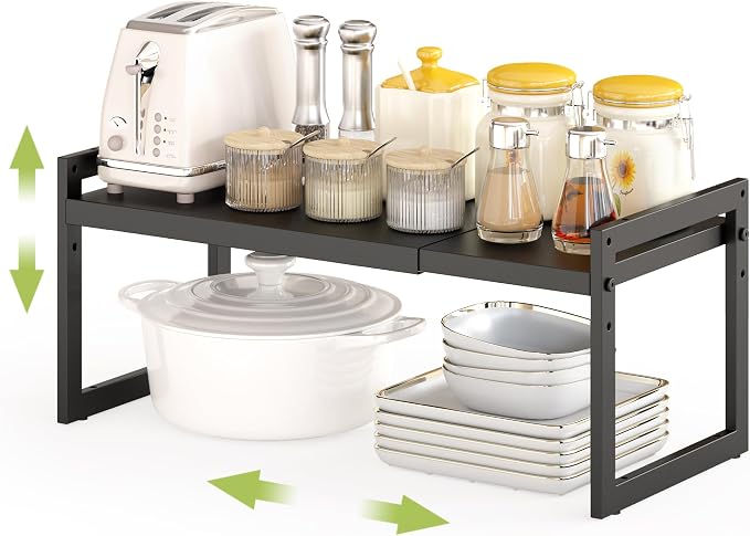 DOLALIKE Expandable kitchen Countertop Organizer, Stackable Cabinet Shelf Organizers, Space Saving Spice Rack Pantry Storage for Bathroom Office (Black, 1 Pack) | Space Saving Metal Pantry Storage Racks for Kitchen Spice Rack Pans and Untensils Bathroo...