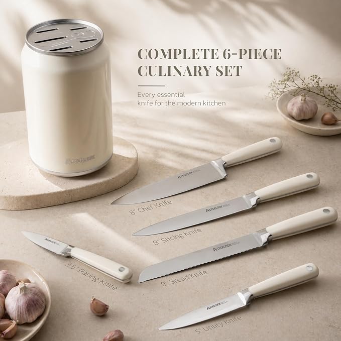 Astercook 6-Piece Kitchen Knife Set with Soda Can-Inspired Block, Full Tang High Carbon Stainless Steel Knives, Retro Cream Design, Dishwasher Safe Knife Sets & ABS Handles - Perfect Kitchen Gifts