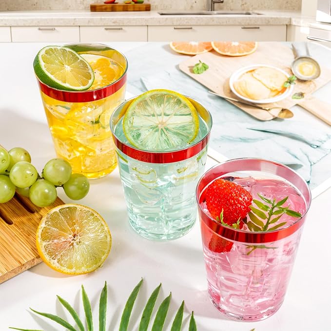 DaYammi 100 Pack Red Plastic Cups 10 Oz,Red Rimmed Plastic Cups for Party Fancy Disposable Cup for Wedding Disposable Glasses Clear Tumblers with red Rim for Bridal Shower Elegant Wine Cocktail Cup