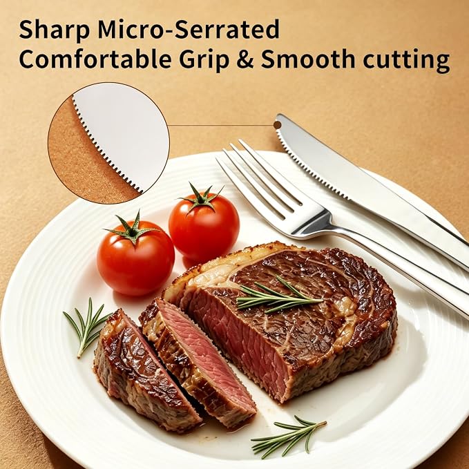 Silverware Set with Steak Knives, 24-Piece Flatware Set for 4 Cutlery Set | 18/0 Stainless Steel Silverware set, Mirror Polished Kitchen Cutlery Set Service for Home and Restaurant, Dishwasher Safe