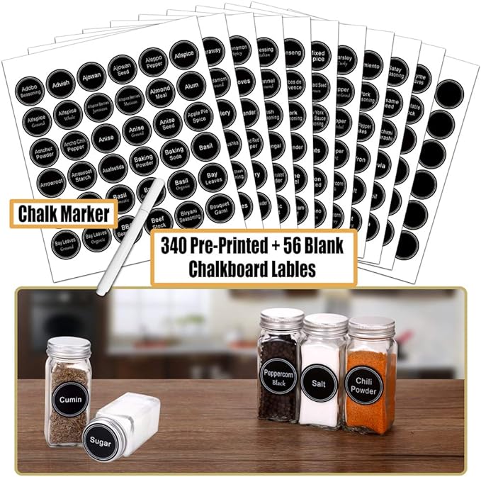 SWOMMOLY Spice Rack Organizer with 18 Spice Jars 4 oz, 396 Spice Labels | Chalk Marker, Funnel Set, Spice Organizer for Cabinet, Countertop, Pantry, Cupboard & Wall Mount, 11.2" W × 9.9" H, Black