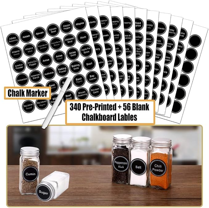 SWOMMOLY 66 Pcs 4 oz Glass Spice Jars with Shaker Lids and 703 Spice Labels | Empty Spice Containers with Airtight Lids, Chalk Marker, Funnel - Square Seasoning Bottles for Spice Racks, Cabinets, Drawers