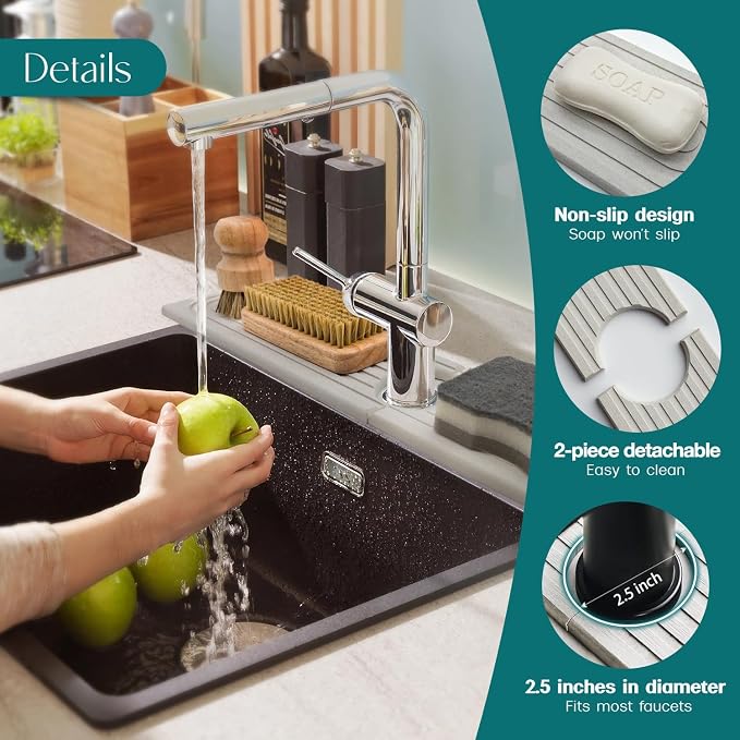 Diatomite Kitchen Faucet Mat - 14Inch Water Absorbing Stone Tray for Sink, Stone Fast-Drying Faucet Mat for Kitchen Counter Sink Accessories (Light Grey, 14'' x 3.9'')