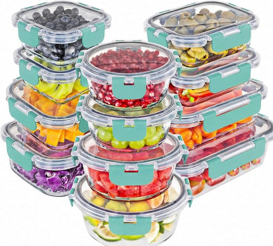 Magic Mill Premium Borosilicate Glass Food Storage Containers with lids Set | 24pc Sets with 12 Bowls & 12 Airtight Locking Lids for Lunch & Meal Prep, Safe for Oven, Freezer, Dishwasher, BPA-Free