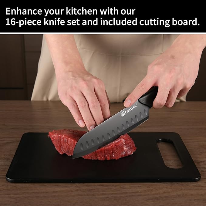 17-Piece Black German Steel Kitchen Knife Block Set | LFGB Food Safe Coating, Dishwasher Friendly. Features Non-Slip PP Cutting Board, Peeler, Built-In Sharpener & Deep Tang Core