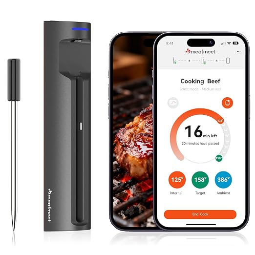 Wireless Meat Thermometer Digital with Remote App Monitoring | ±0.9℉ Accuracy Bluetooth Meat Thermometer, Wi-Fi Unlimited Range, DishWasher Safe, and App Alerts, for BBQ/Oven/Grill/Smoker