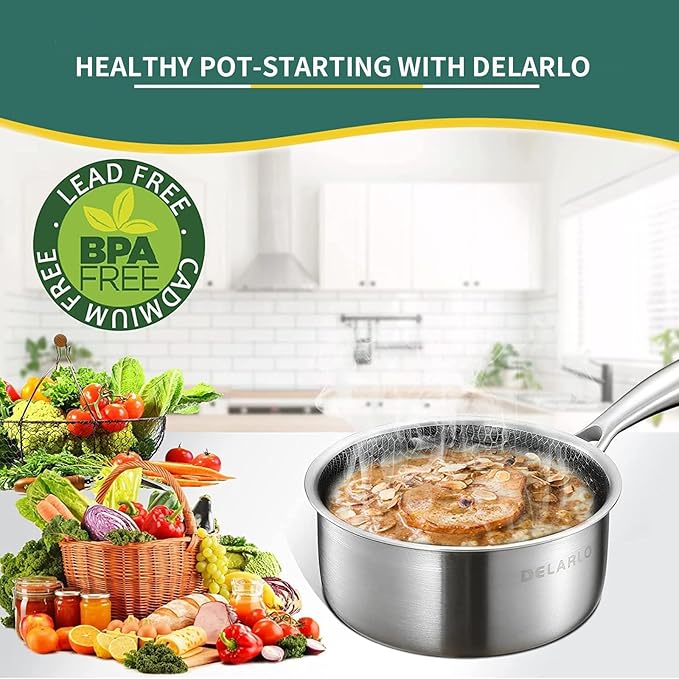 DELARLO Tri-Ply Stainless Steel Hybrid Non Stick Saucepan 1.5 Quart | Small Sauce Pot, Induction Cooking Saucier, Honeycomb Heavy Duty Sauce Pan Cookware, PFOA&PTFE Free
