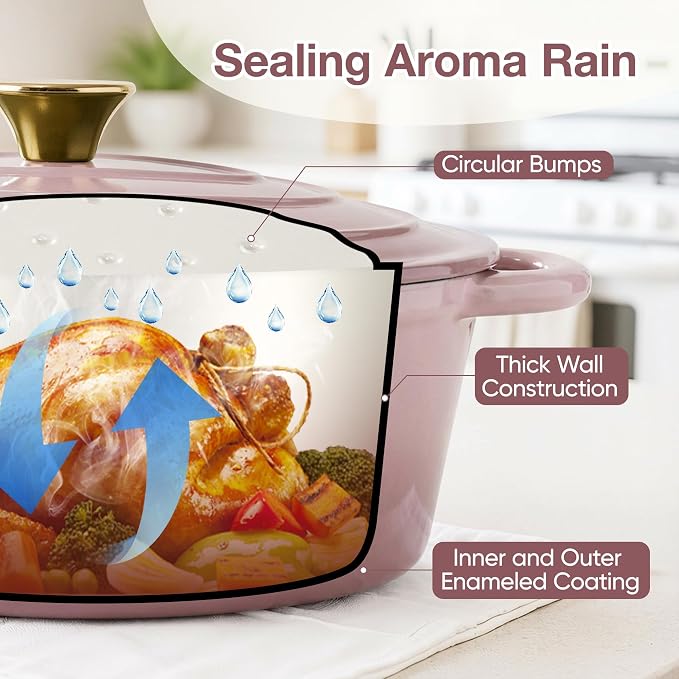 Oval Dutch Oven for Bread Baking, 4.5 Quart Non Stick Enameled Cast Iron Dutch Oven Pot with Lid, Oven Safe Oval Casserole with Lid up to 500°F for Baking, Braising, Stews, Roasting, Pink