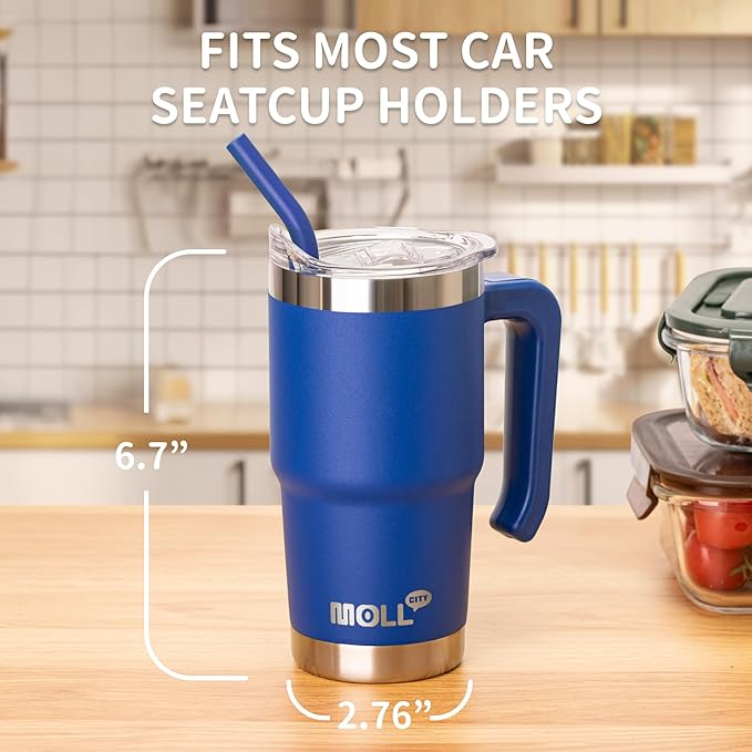 16 oz Tumbler with Handle, Stainless Steel Cups with Lid and Straw,Navy | Reusable Vacuum Insulated Tumbler with Convenient Handle, Complete with Sealed Lid & Straw, Ideal Daily Travel Cup for Women