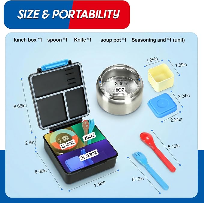Bento Lunch Box for boys,60 OZ Insulated Bento Lunch Box with 8OZ Leakproof Insulated Food Jar, 3-4 Compartments Bento Box for School, BPA-Free Dishwasher Safe