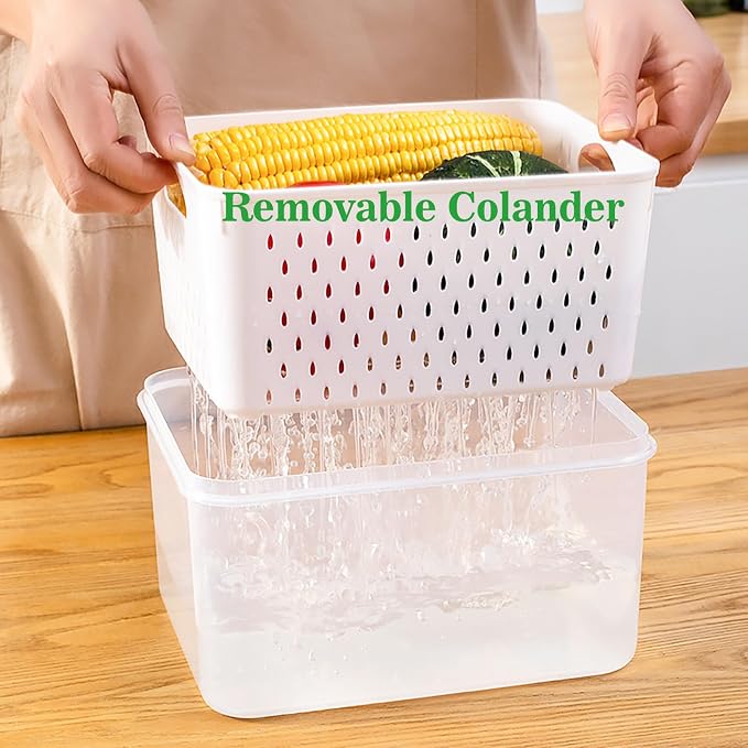 Fruit Storage Containers for Fridge with Removable Colander, Food Storage Containers with Lids, Dishwasher & Microwave Safe, Keep Berry Fruit Vegetable Meat Fresh Longer (Clear Body/Purple Lid)