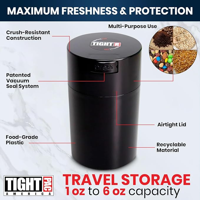 Tightvac 1 to 6 Ounce Airtight Container - Multi-use Storage Container for Herbs, Coffee and Dry Goods, Patented Vacuum Seal Airtight Containers, Black