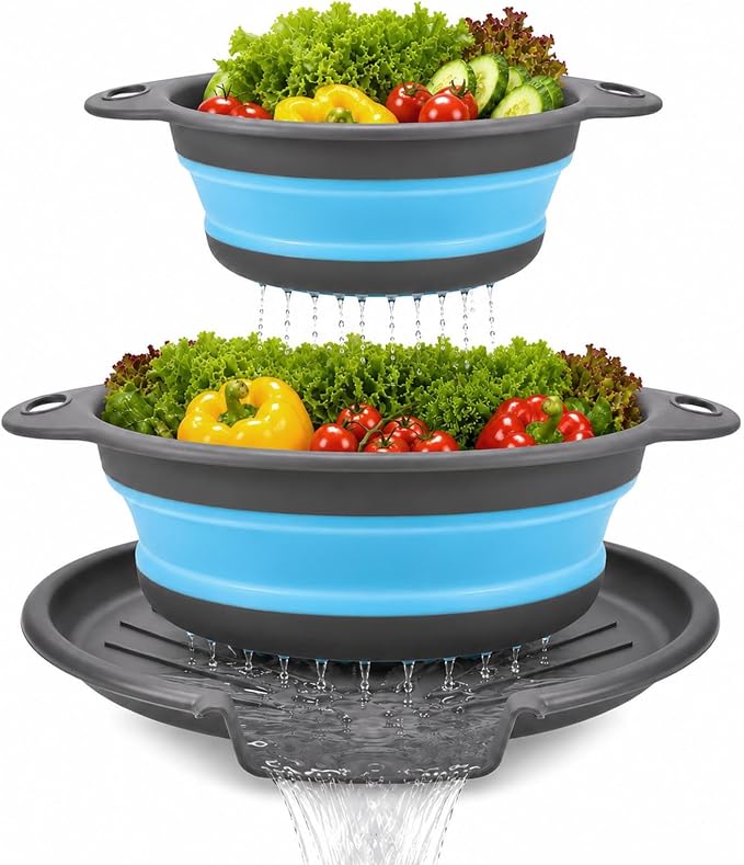 2 Collapsible Colanders with Self-Draining Tray(Blue) | 11.6 & 13.4 in baskets; 12.8 in grooved tray; folds to 2.1 in; for pasta, rice, fruit and vegetables