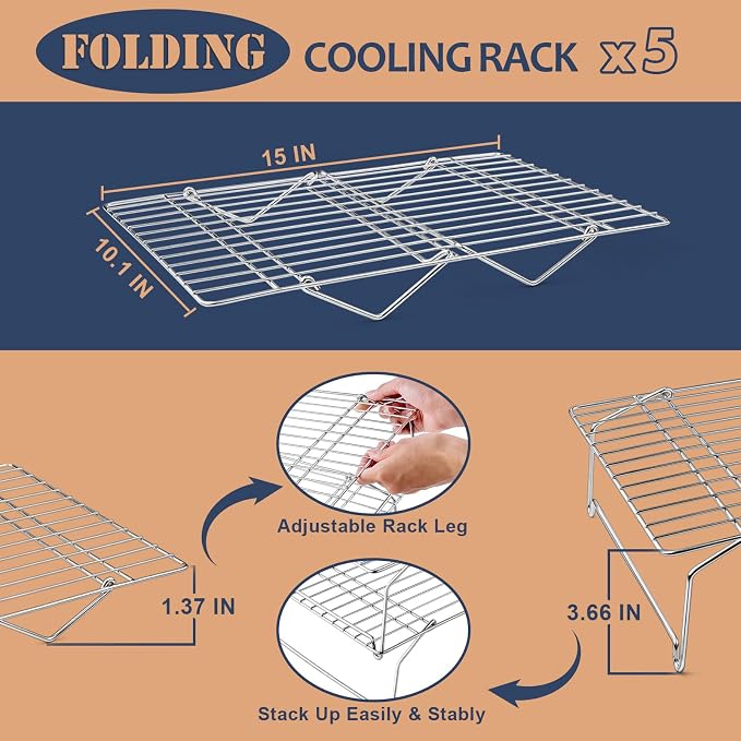 E-far 5-Tier Stainless Steel Cooling Rack, 15”x10.1" for Cooking and Baking | Stackable Wire Cooling Rack with Folding Leg, Non-toxic for Baking Cooking Cookies, Oven Safe & Dishwasher Safe