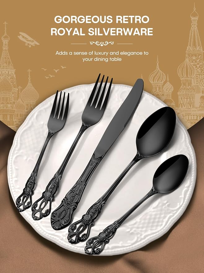 Stapava 30 Pcs Black Silverware Set, Gorgeous Retro Royal Silverware Set for 6, Stainless Steel Mirror Flatware Cutlery Set, Include Forks Spoons and Knives set, Dishwasher Safe Utensils