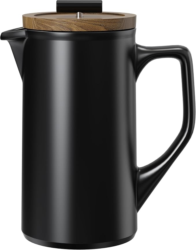 Ceramic French Press 22oz, Walnut Wood Lid, Black | Lead-Free, Dual Food Grade Stainless Steel Filters, Grit-Free, For Coffee and Loose Tea, Heat Retention, High-Fired Ceramic