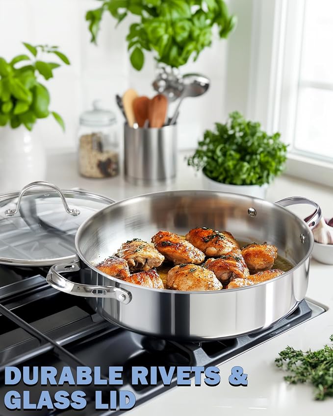 Cooks Standard Multi-Ply Clad 5.5 Quart Stainless Steel Sauté Pan, 12 Inch Deep Frying Pan Skillet with Lid, Induction-Ready Cooking Pan with Two Side Handles, Dishwasher & Oven Safe