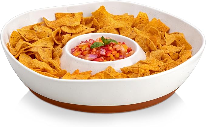 MALACASA Ceramic Chips and Dip Serving Tray, 12 Inch Dip Serving Tray | Free-Form Divided Ceramic Chips and Dip Bowls for Parties, Hosting and Entertaining, White