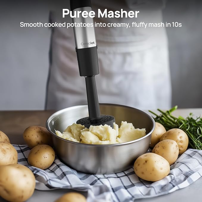 Consciot 10-in-1 Immersion Hand Blender Max 1100W, Trigger Speed Control | Entire Stainless Steel Blender Shaft, 800ml Beaker, 600ml Chopper, Beaters, Frothers, Hooks, Masher, Whisk & 600ml Cup