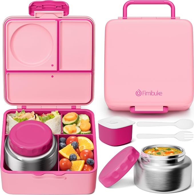 Fimibuke Bento Box for Kids Adults, BPA Free Toddler Lunch Box with Thermo | w/ 8.5oz Insulated Food Jar Utensils & Sauce Jar, Leakproof Dishwasher Safe 3 or 4 Compartment Container for School Girl Boys