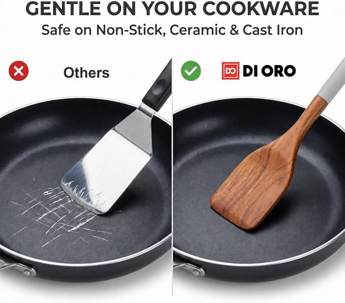 DI ORO Wooden Kitchen Utensil Set - 5 Pc Spoon & Spatula, Soft Grey | Won't scratch nonstick pots and pans; Natural hardwood, easy to hand wash; For cooking, serving, stirring, and turning