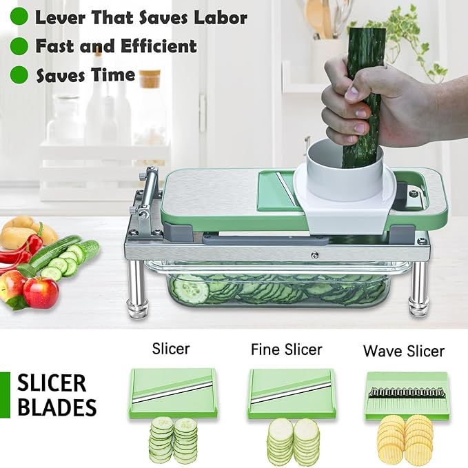 Vegetable Chopper Veggie Cutter Onion Food Dicer with Container 8 Blades | Stainless Steel Construction, Fruit Potato Salad Dicer, Dishwasher Safety, Easy Cleaning, Safety Hand Guards