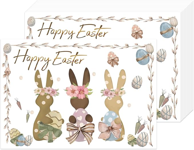 50 Pack Rabbits Eggs Happy Easter Placemats, Easter Theme Table Mats | 16x11 inch Bunny Disposable Placement Mats for Seasonal Holiday Kitchen Dining Table Decoration