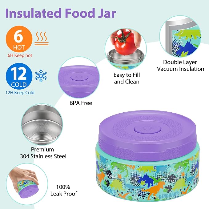 Kids Bento Lunch Box Set with 9.5oz Soup Thermo, Leak-Proof Lunch Food Containers with 3 Compartment and Removable Inner Tray, Insulated Hot Food Jar with Lunch Bag for School, Office, Dinosaur Green