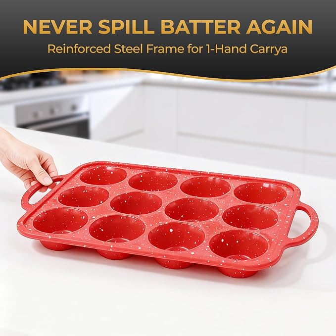 12-Cup Mini Silicone Muffin Pan with Reinforced Steel Frame,Red-Whitedot | Regular Size Cupcake Pan, BPA Free Silicone Muffin Tray, Reinforced Steel Frame for Stability, Easy Baking & Cleanup, 2Pk