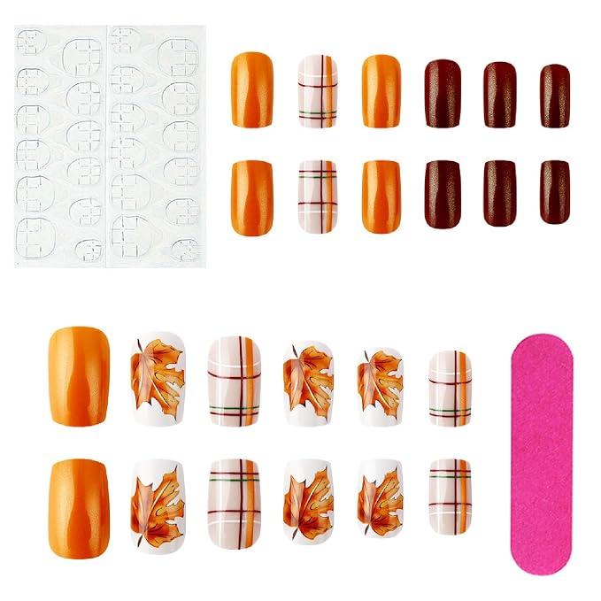 Fall Press on Nails Medium Square Fake Nails with Maple Leaves Plaid Designs Nails Press ons Orange Brown Acrylic Nails Full Cover Stick on Nails for Women 24 Pcs