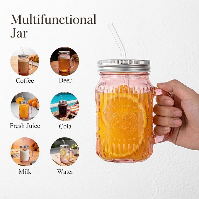 DaYammi 16 oz Mason Jars with Lids and Straws, 6 Pack Pink Vintage Drinking Glasses, Leak Proof Iced Coffee Cups for Daily Use & Party