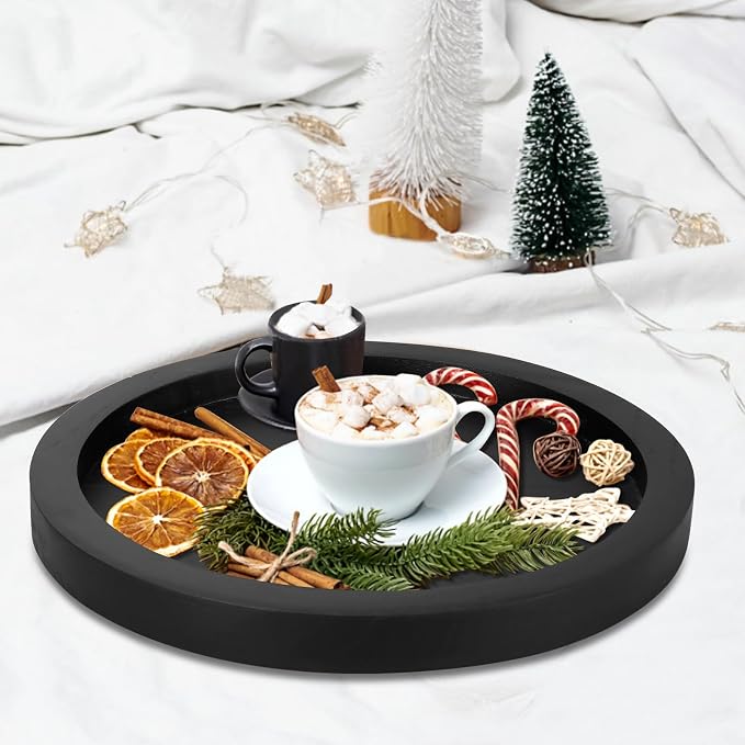Black Round Wood Decorative Tray for Coffee Dining Table Centerpiece Decor | Small Wooden Serving Trays Farmhouse Kitchen Island Living Room Decor Candle Plates Holder Bathroom Counter Tray Accessories