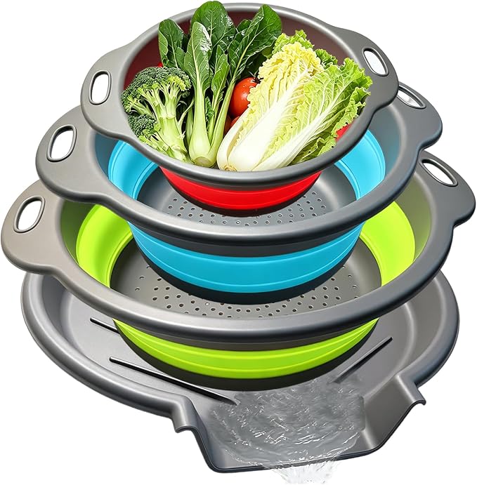 Collapsible Colanders Food Strainers, 3-Pack Foldable Kitchen Strainers with Over-Sink Water Draining Tray, Space Saving Kitchen Drainer for Vegetables, Fruit, Pasta and Rice (Blue-Red-Green-Gray)