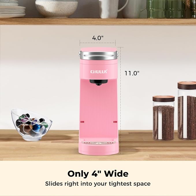 CHULUX Slim Single Serve Coffee Maker for K Cup Pod for Small Spaces, Pink | Fast-Heating Boiler System, 4-Hole Needle for Richer Flavor, Adjustable Drip Tray for 7.3" Travel Mug, Food Grade Material