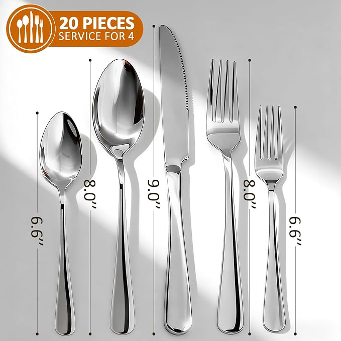 20 Piece Silverware Set, Kitchen Utensils Set for Restaurant & Home, Stainless Steel Cutlery Set, Flatware Set include Forks, Knives, Spoons, Silver