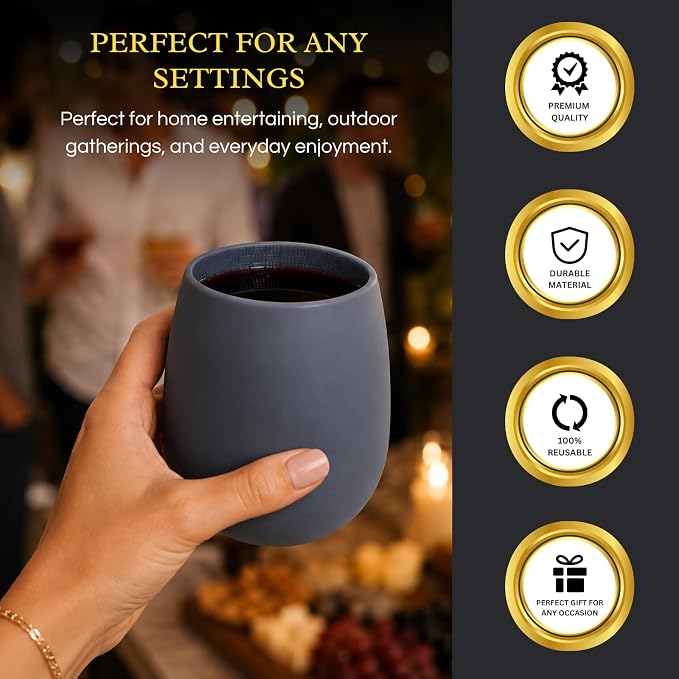 Unbreakable Silicone Stemless Wine Glassware Shatterproof Tumblers Set of 4 | Reusable Silicone Drinkware, Shatterproof & BPA-Free, Perfect for Wine, Cocktails, Champagne, Pool, Beach & Camping